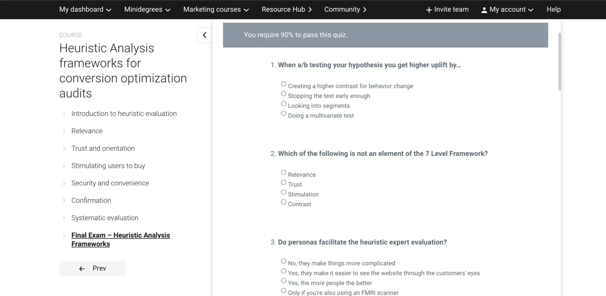 A heuristic analysis final exam laid out as an online assessment with scenario-based questions.