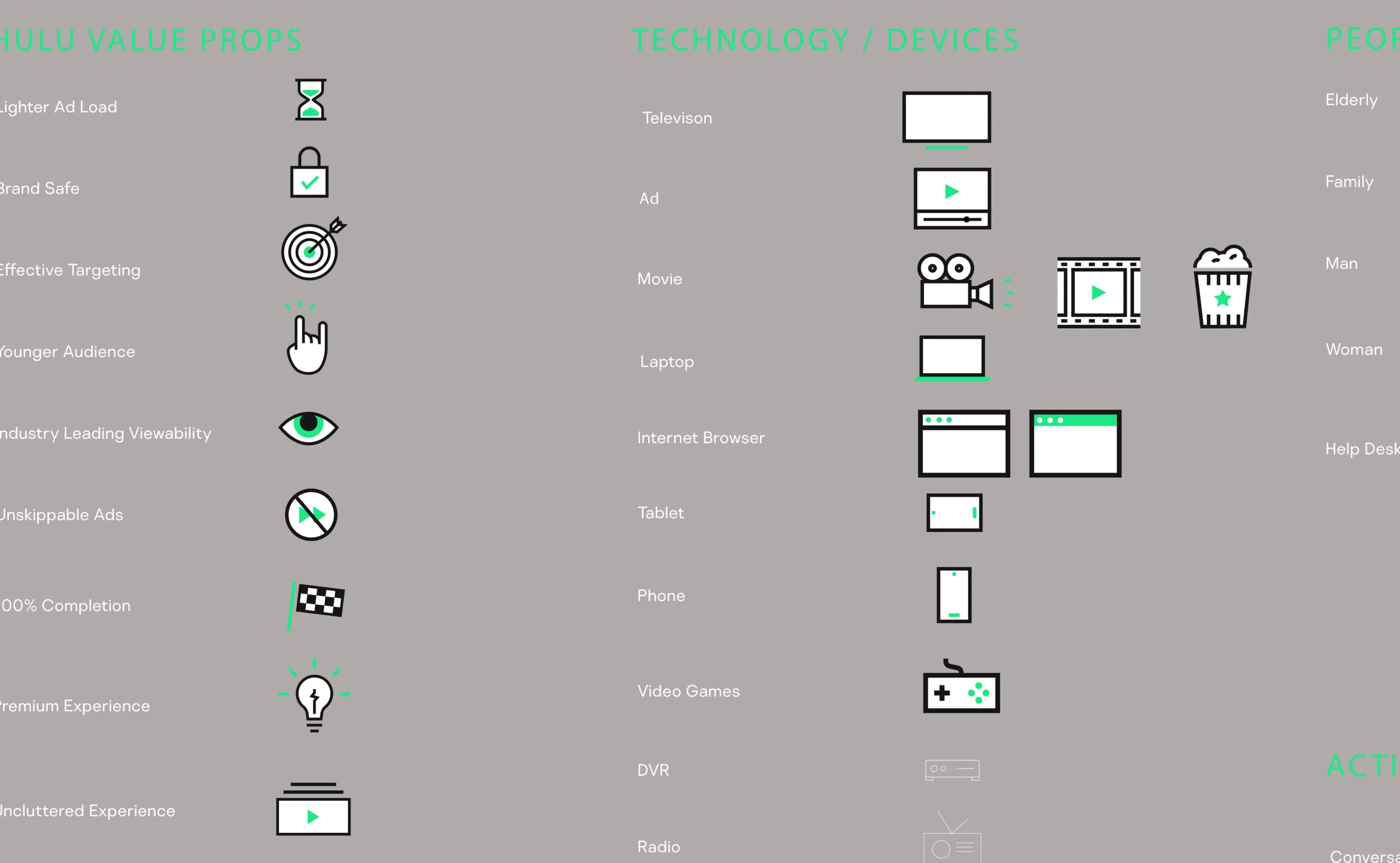 A kit of custom line icons covering devices, accounts, billing, and playback states.