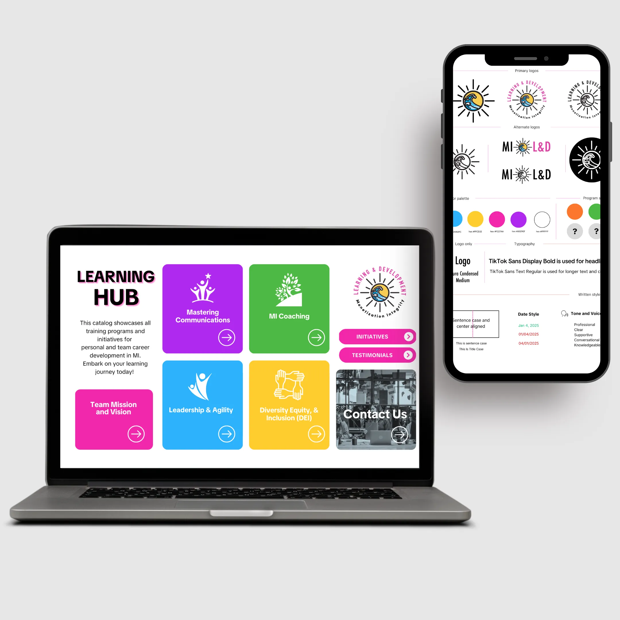 A laptop showing the Learning Hub catalog of training programs beside a phone displaying the L&D brand style guide — logos, color palette, and typography rules.