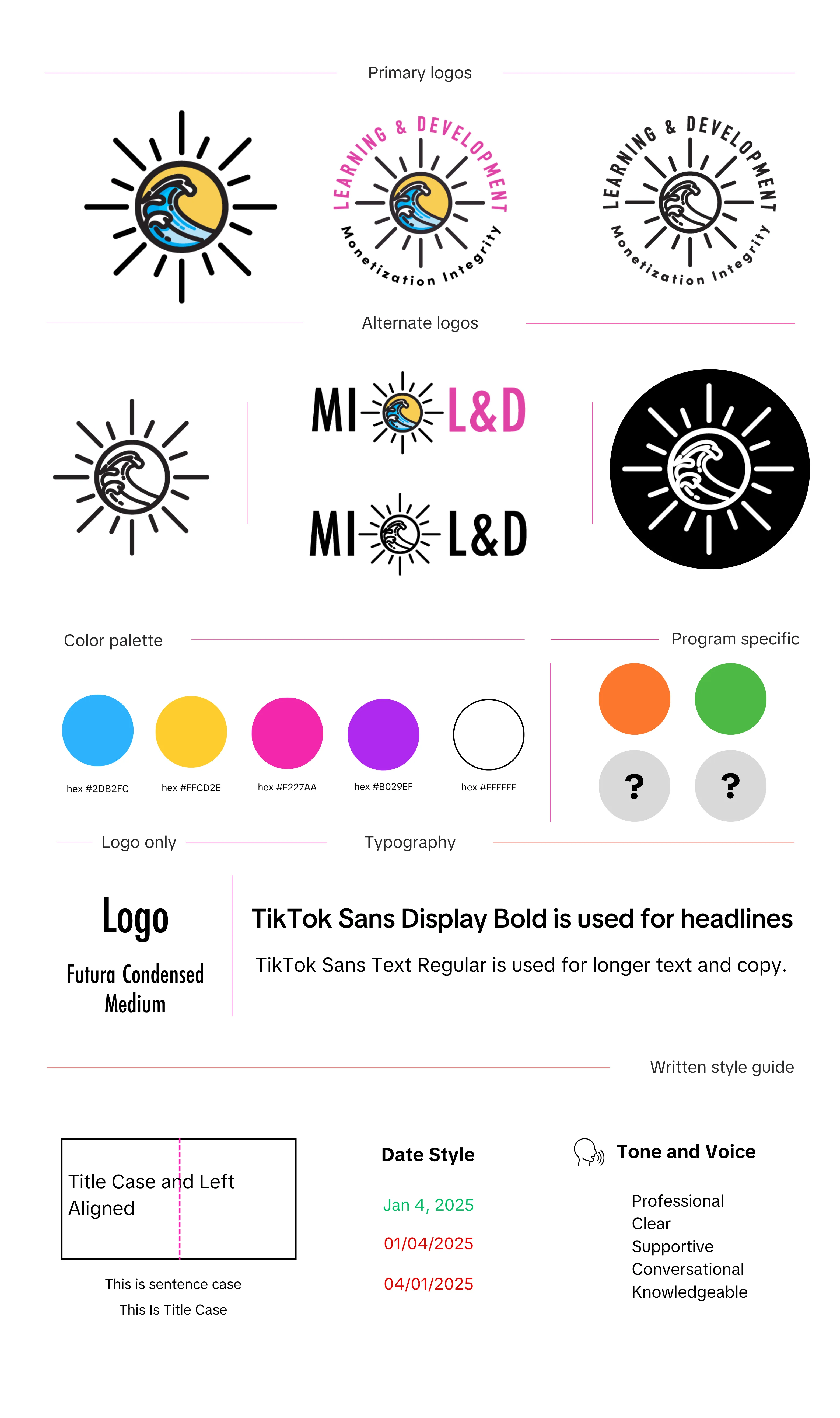 A page from the L&D brand style guide, covering the identity and its core usage rules.