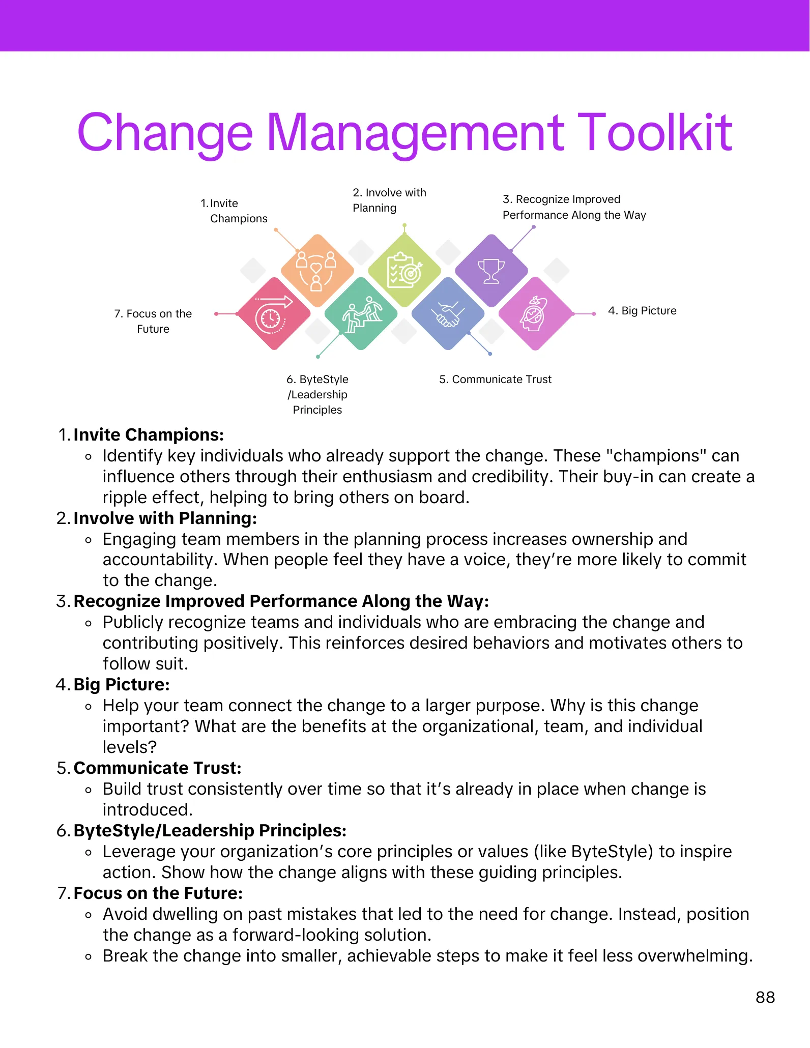 A workbook job aid setting out a change management toolkit as numbered prompts.