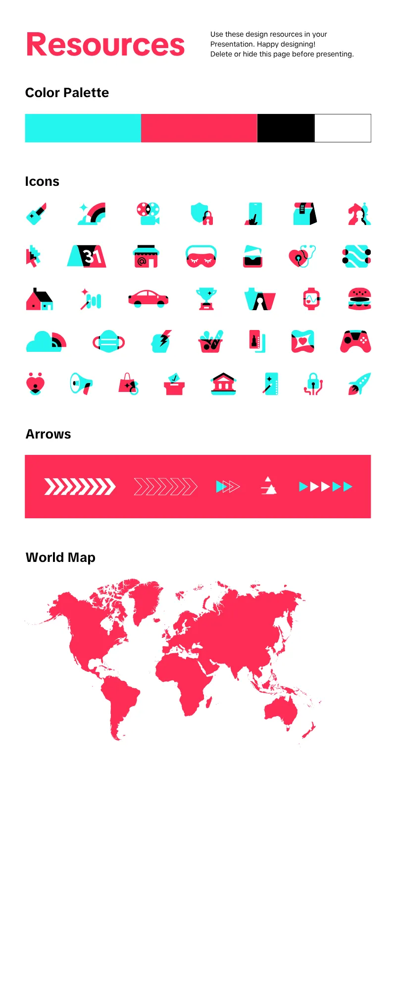 The program's design resources — color palette, a grid of custom icons, arrow motifs, and a world map graphic.