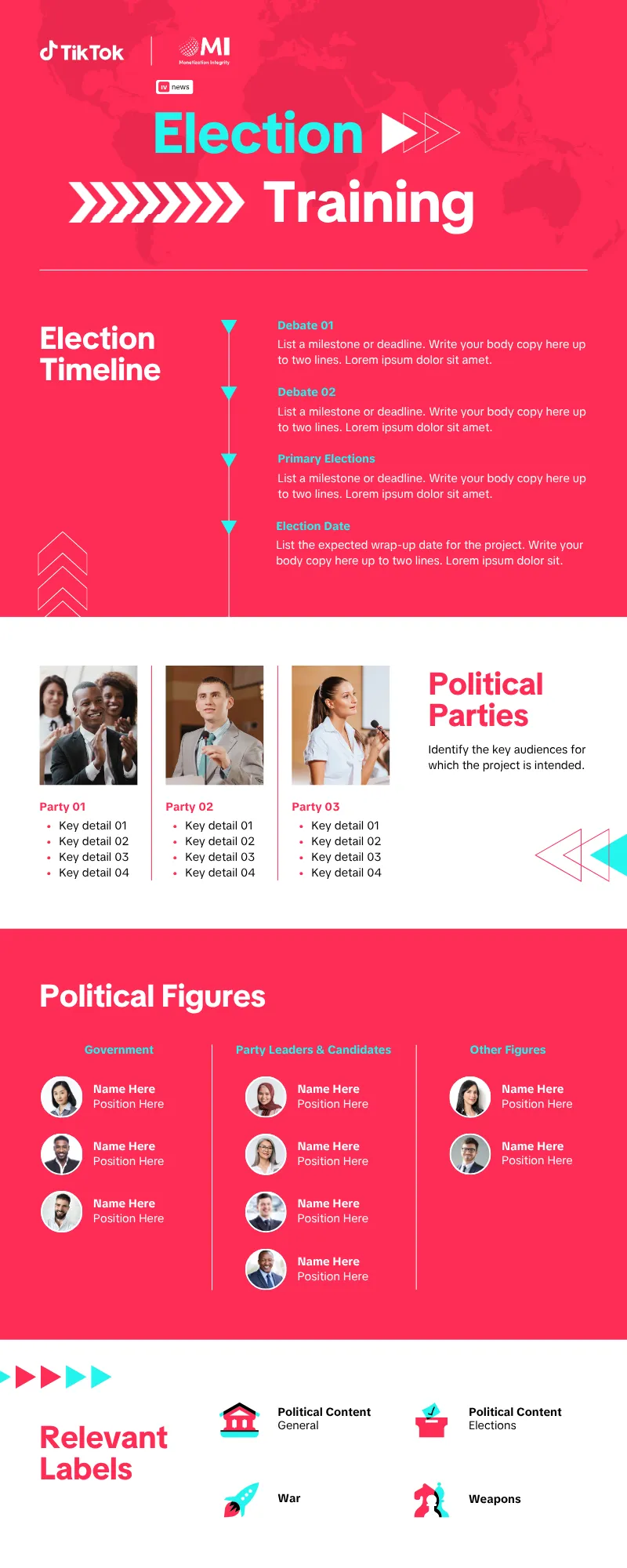 A political job aid infographic — election timeline, a four-step preparation guide, and an election checklist.