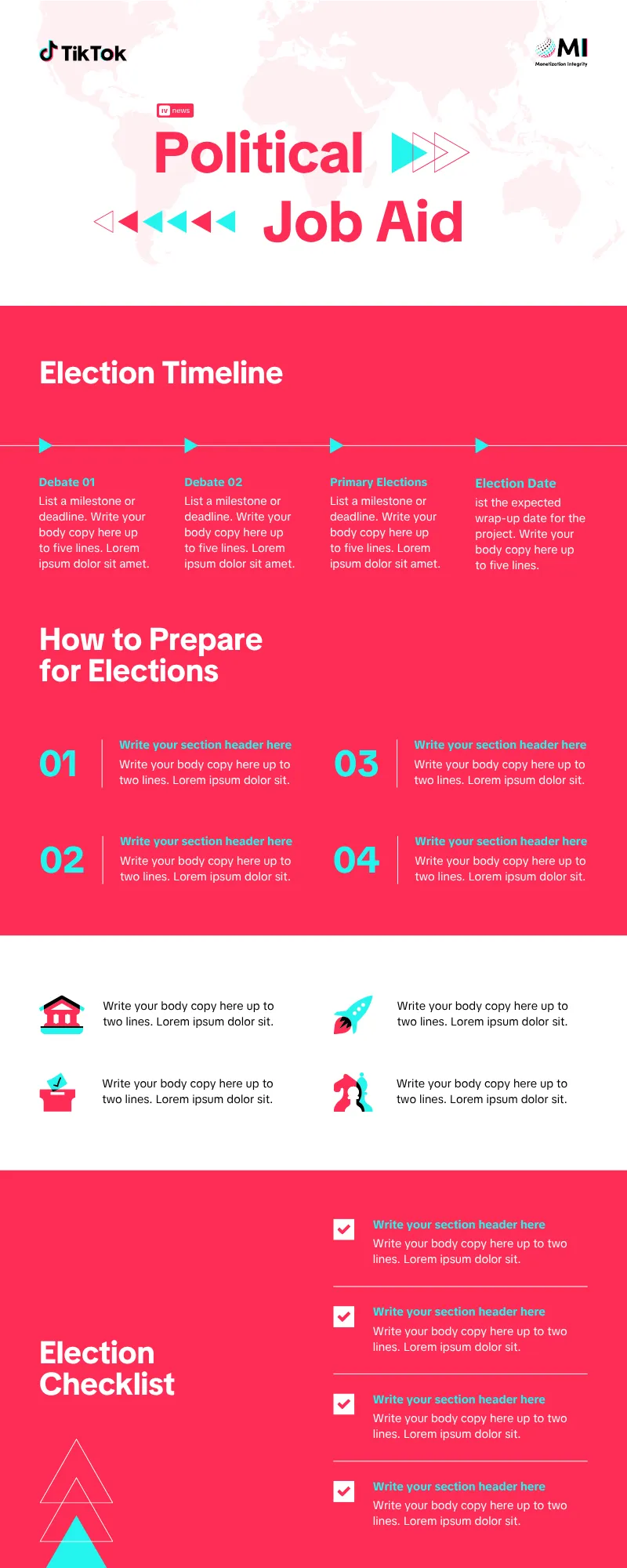 An election training infographic — a timeline of debates and primaries, political party and figure line-ups, and the relevant content labels.