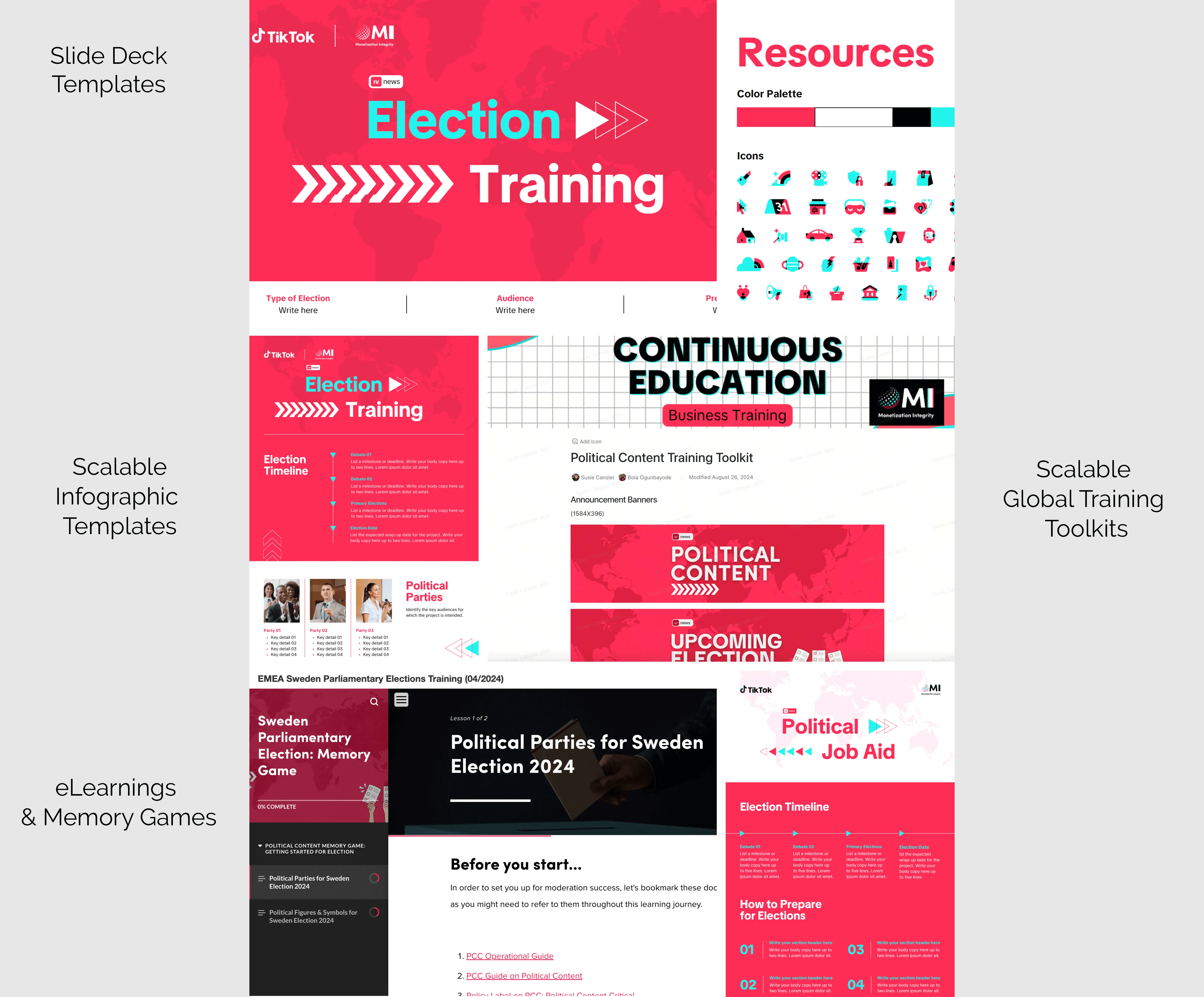 A collage of political content training assets — scalable infographic templates, global training toolkits, eLearnings and memory games, and election job aids.