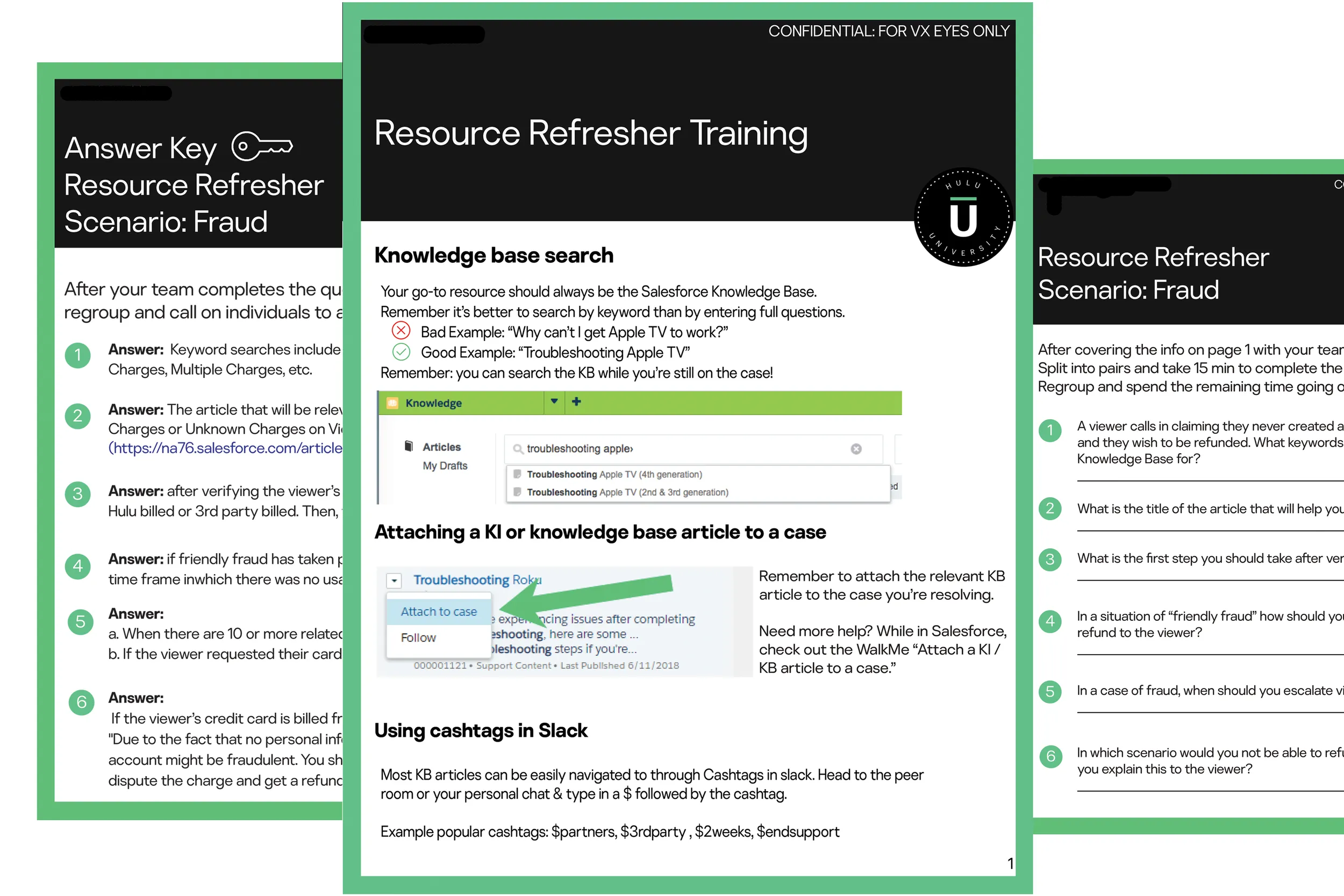 A fraud reference one-pager combining flow steps, callouts, and quick-reference verbiage.