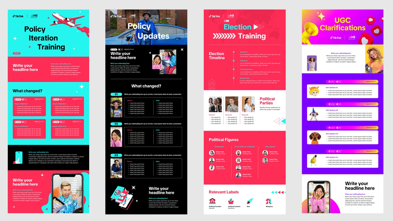 Four TikTok-branded training templates — policy iteration training, policy updates, election training, and UGC clarifications — each laid out as a multi-section slide deck.
