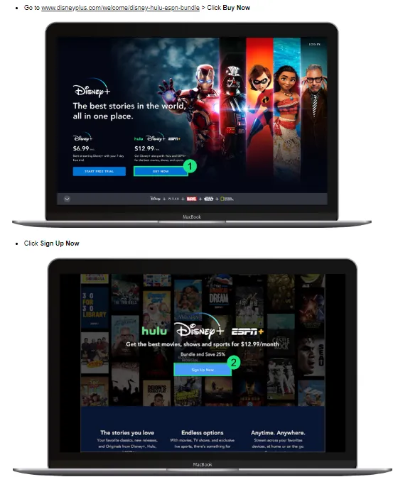 Annotated screenshots walking through the Disney+ bundle sign-up flow step by step.