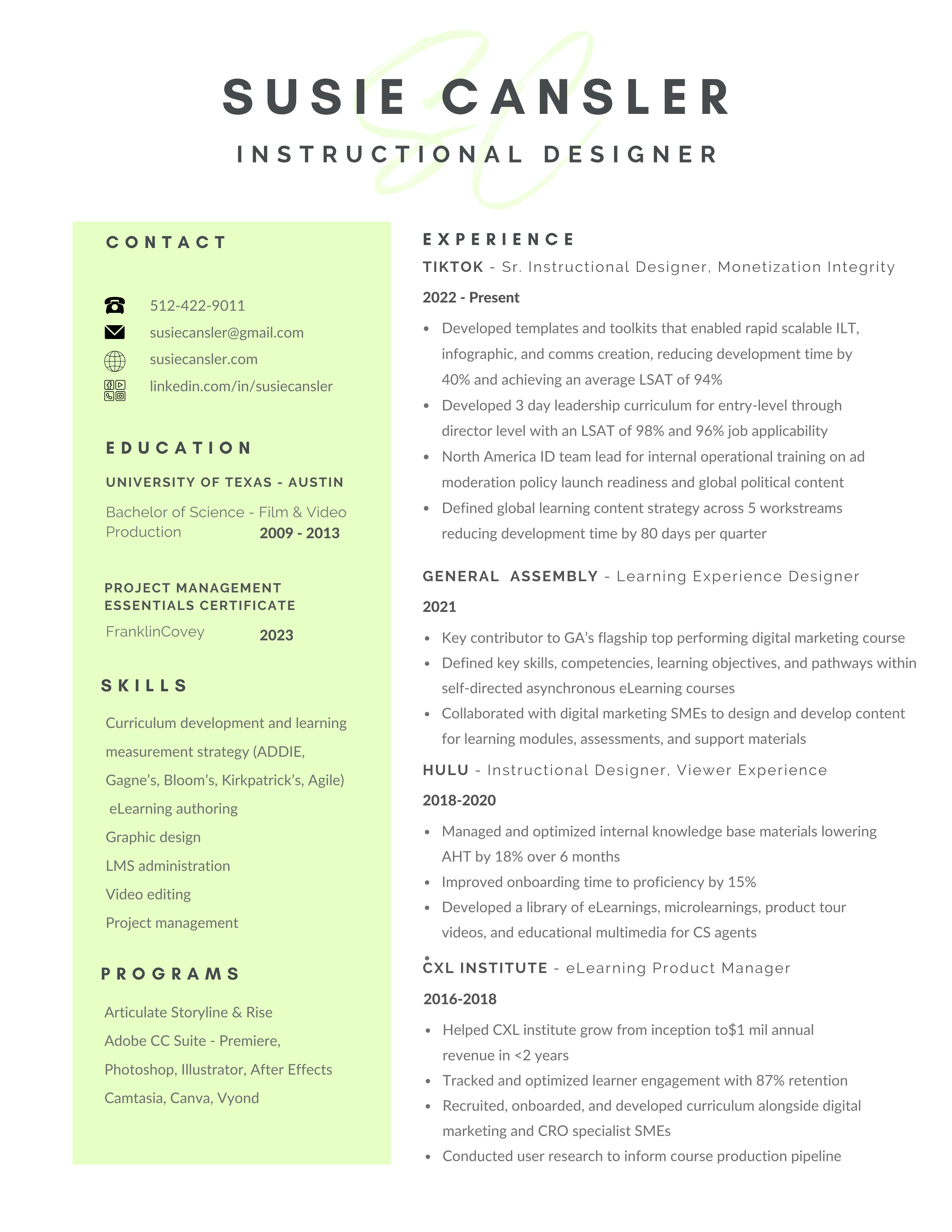 Susie Cansler's resume: instructional designer, Austin TX. Experience at TikTok, General Assembly, Hulu, and CXL Institute; BS in Film and Video Production, University of Texas at Austin. Download the PDF for the full text.