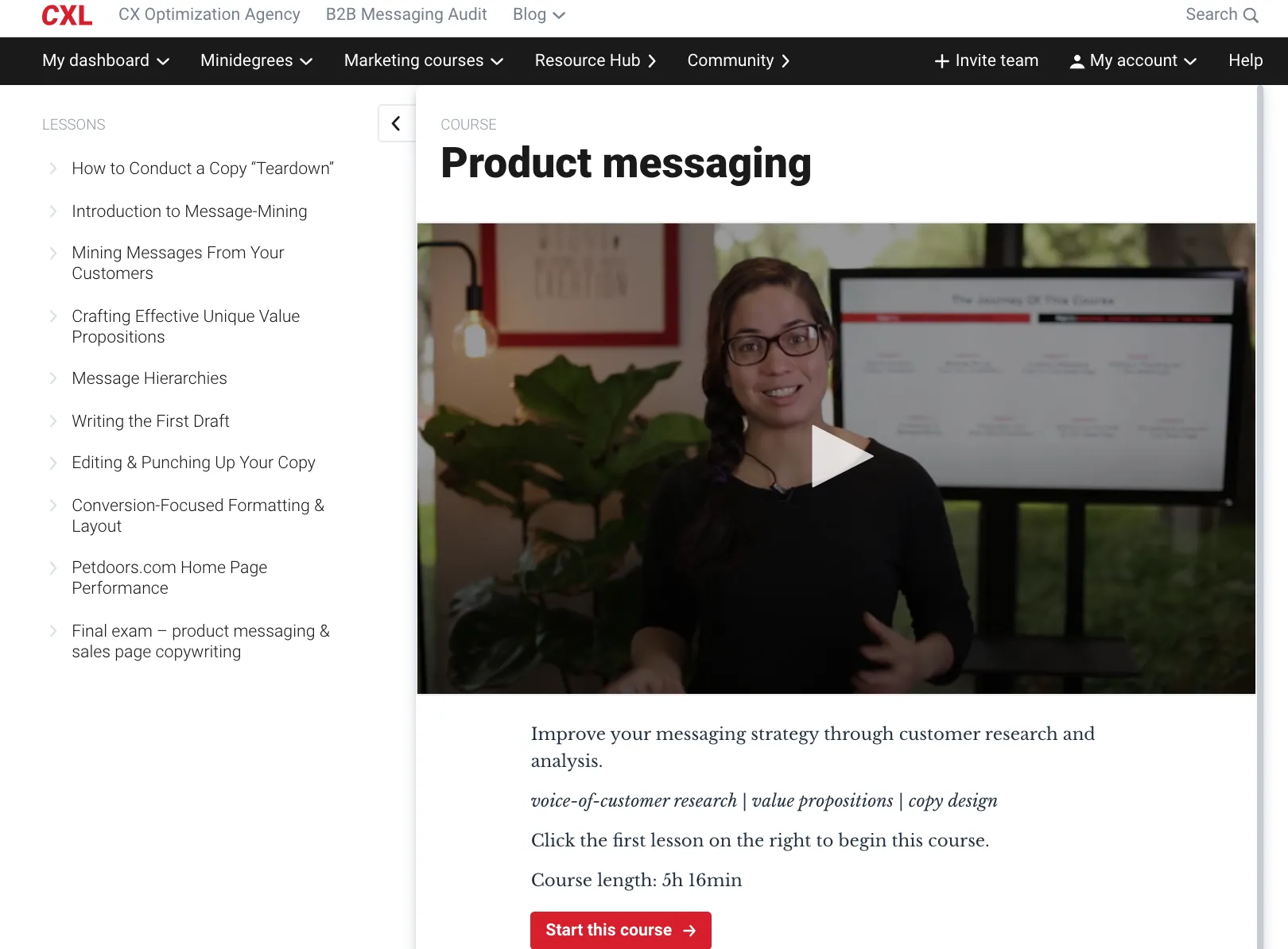 A frame from an instructional digital marketing course video, showing product messaging guidance on screen.